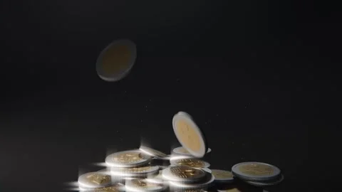 Falling bimetallic coins colliding with stacked pile on dark studio surface, Stock Footage 337885996