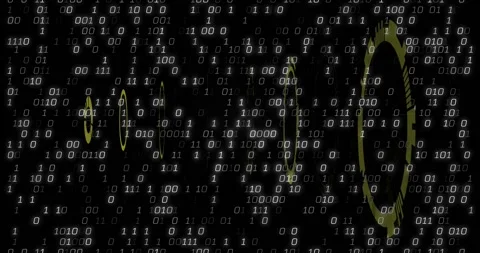 Falling binary bits pulsing through yellow-green ring rotating as rings Stock Footage 318260695