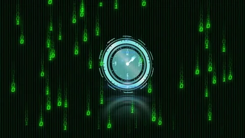 Falling binary code and digital clock on green background, creating animation Stock Footage 304202785