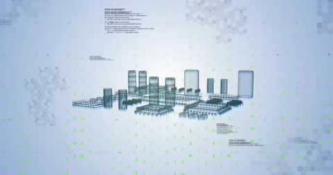 Falling binary code driving wireframe modules lifting, clustering then spinning 스톡 동영상 330292115