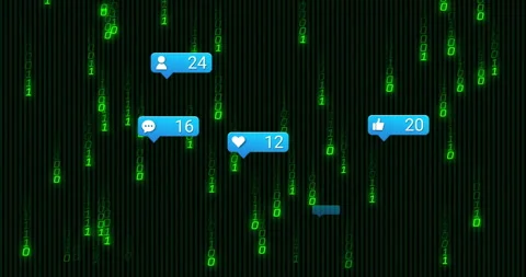 Falling binary code starting blue notification bubbles popping counts rising Stock Footage 312693867