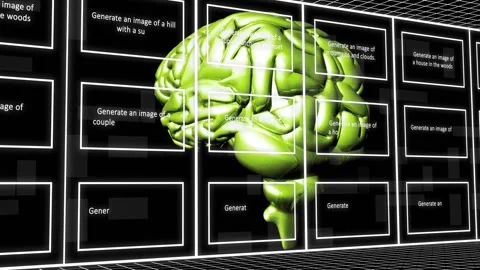 Falling binary columns starting green brain rotating toward center, icons Stock Footage 335652061