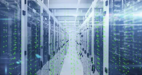 Falling binary digits overlaying server racks with camera moving forward Stock Footage 330106177