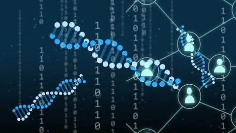 Falling binary digits sparking double helix forming while nodes linking, showing Stock Footage 335739200