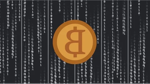 Falling binary digits starting at top causing centered gold Bitcoin coin Stock Footage 335317265