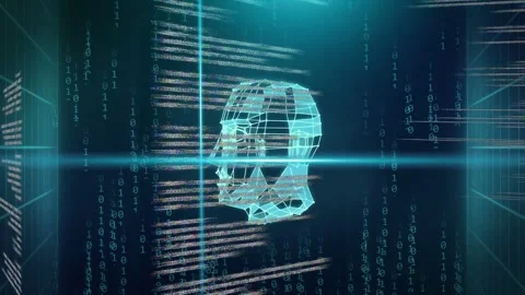 Falling binary starting cyan wireframe head rotating while code strips Stock Footage 334337669