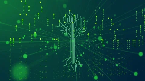 Falling binary streams causing circuit-tree forming, tree glowing, sending data Stock Footage 329473141