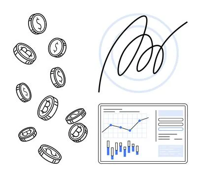 Falling bitcoin and dollar coins, digital signature, and data chart featuring Illustrazione stock
