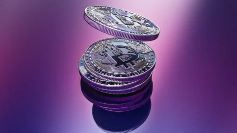 Falling bitcoin animation, crypto coins on neon gradient background 4K Stock Footage 328714274