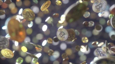 Falling bitcoin tokens, 3D rendering Stock Illustration