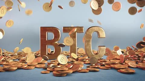 Falling bitcoins concept visualization 3D Render Illustrazione stock