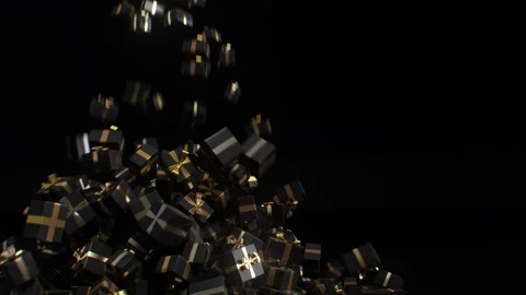 Falling black gift boxes tied with gold ribbons on black background. Luxury Stock Footage 255327655