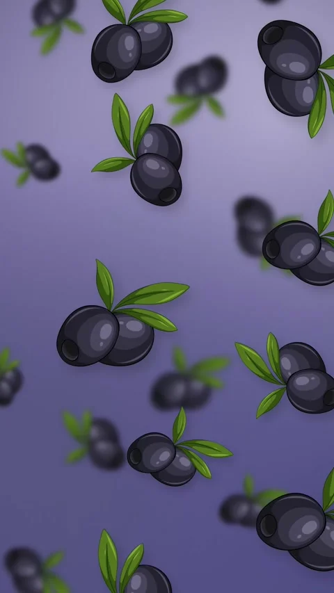 Falling Black Olives with Green Leaves on Purple Mesh Background Stock Footage 344833258