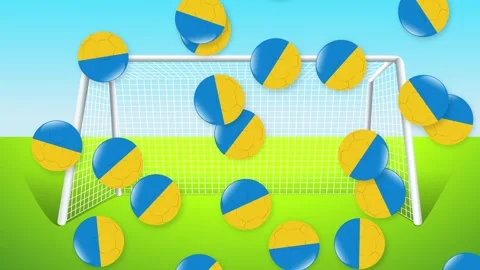 Falling Blue and Yellow Soccer Balls in Front of Goal Post Stock Footage 341378645