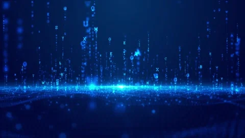 Falling blue code characters visual bright alphabet columns, glowing data floor Stock Footage 340479494