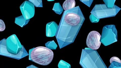 Falling Blue Crystals and Purple Gemstones Animation on Black Background Stock Footage 346206816