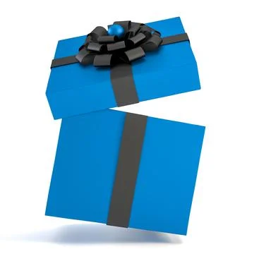 Falling blue gift box with black ribbon and bow isolated on white background. Stock Illustration