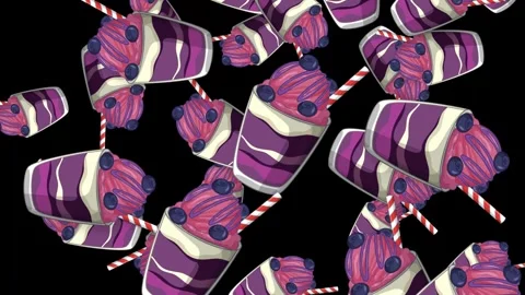 Falling Blueberry Dessert Cups Animation on Black Background Stock Footage 342489053