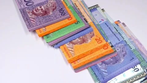 Falling brand new Malaysian ringgit (MYR) banknotes. Selective focus. Stock Footage 300027504