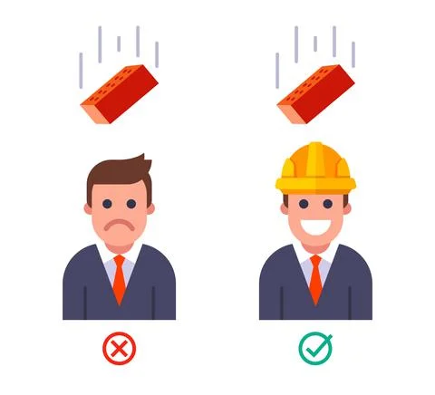 Falling brick on a person with and without a helmet. safety engineering at the Stock Illustration