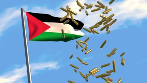 Falling bullet casings with Palestinian flag, SFX Stock Footage 258096388