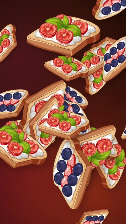 Falling Cartoon Bruschetta and Fruit Toast on Dark Red Background Stock Footage 345304131