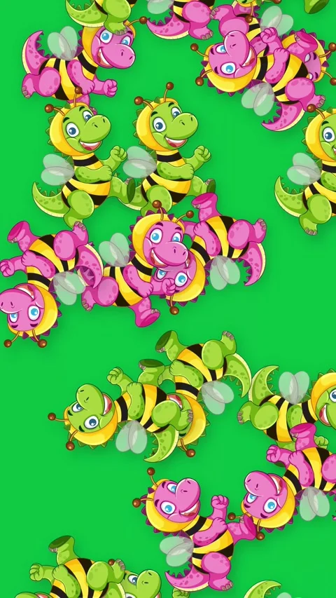 Falling Cartoon Dinosaur Bee Characters on Green Screen Background Stock Footage 340968629
