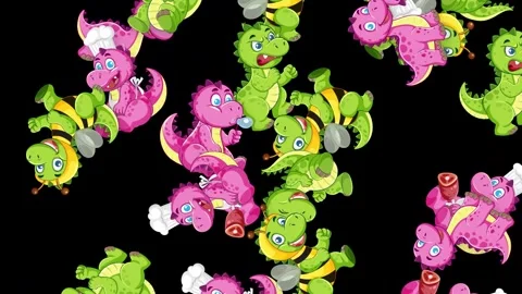 Falling Cartoon Dinosaurs and Bees Animation on Black Background Stock Footage 341308363