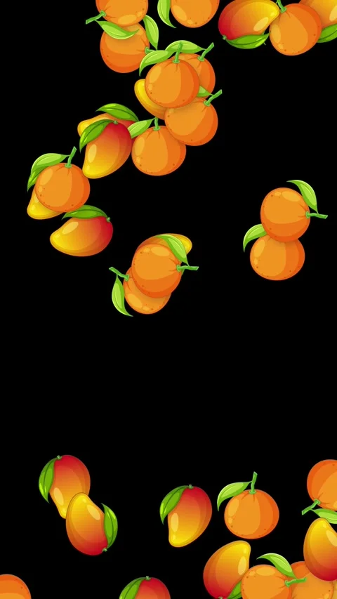 Falling Cartoon Mangoes and Oranges Animation on Black Background Stock Footage 339515380