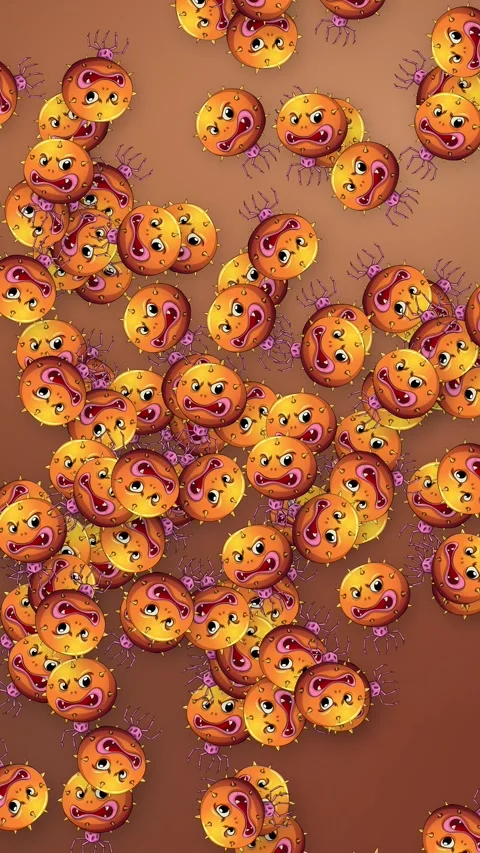 Falling Cartoon Virus Characters on Brown Mesh Background Vertical Animation Stock Footage 340968336