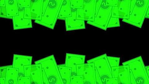 Falling cash finance video frame bright green banknotes around a clean black cen Vidéo 340576482
