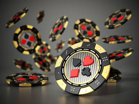 Falling casino chips on reflective dark background. 3D illustration Stock Illustration