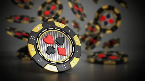 Falling casino chips on reflective dark background. 3D illustration Stockillustratie