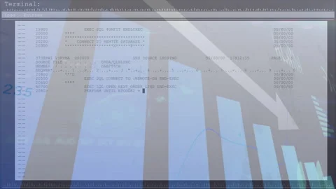 Falling chart arrow initiating terminal fading in SQL code scrolling and Stock Footage 312361285