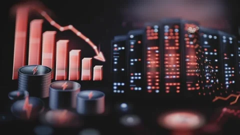 Falling chart overlooks battery stacks and red servers Stock Footage 344110496