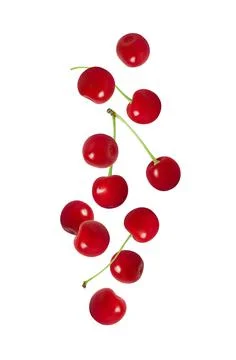 Falling cherry isolated on a white background. Flying red ripe berries. Cherr Stock Photos