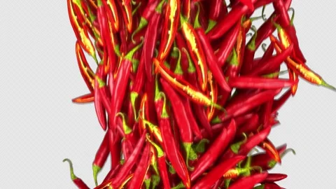 Falling Chilies Transition effect with alpha channel. 3D rendering Video stock 142296607