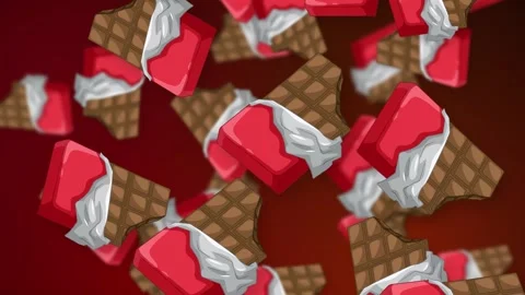 Falling Chocolate and Strawberry Dessert Objects on Red Mesh Background Stock Footage 342722116