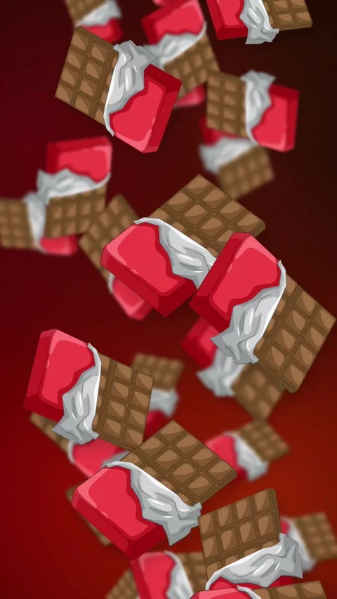 Falling Chocolate Bars and Red Dessert Treats on Dark Red Background Stock Footage 342468164
