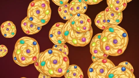 Falling Chocolate Candy Cookies Animation on Dark Red Background Stock Footage 344831364