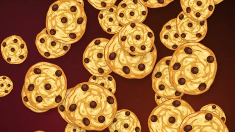 Falling Chocolate Chip Cookies Animation on Dark Red Background Stock Footage 345300868