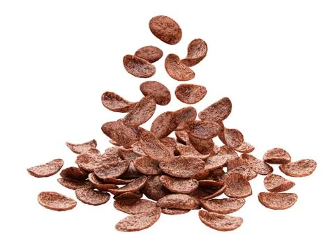 Falling chocolate corn flakes isolated on white background Foto stock