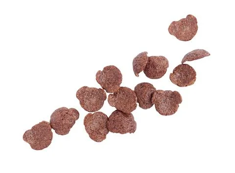 Falling Chocolate corn flakes isolated on white background with clipping path.  Stock Photos