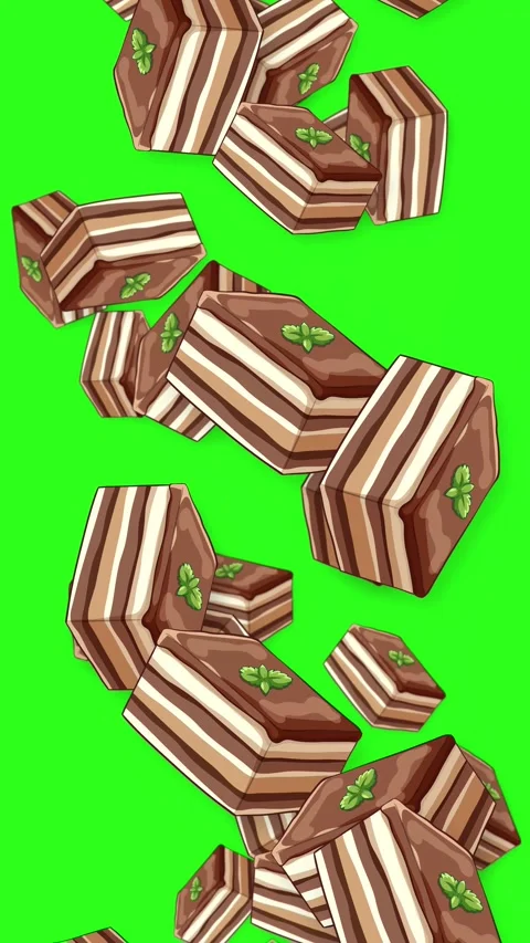 Falling Chocolate Layer Cake Slices Animation on Green Screen Stock Footage 342319798