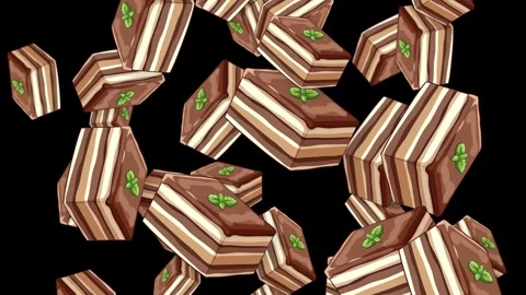 Falling Chocolate Layer Cake Slices with Mint Garnish on Black Background Stock Footage 344835135