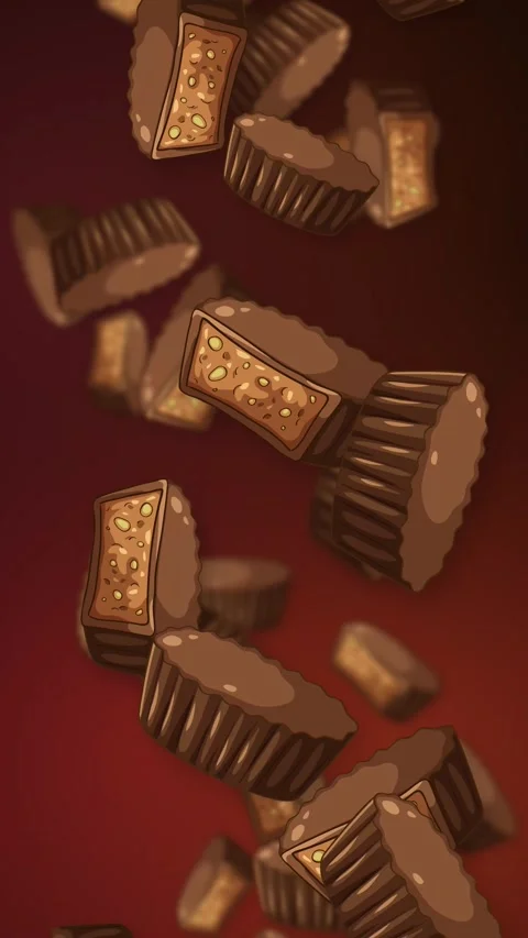 Falling Chocolate Peanut Butter Cups and Candy Bars Animation 스톡 동영상 342468055