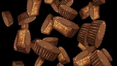 Falling Chocolate Peanut Butter Cups and Candy Bars on Black Background Stock Footage 342488348