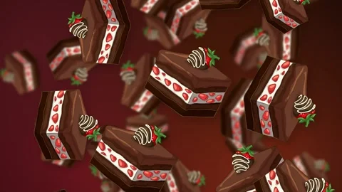 Falling Chocolate Strawberry Cake Slices on Dark Red Mesh Background Stock Footage 342314836