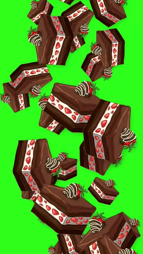 Falling Chocolate Strawberry Cake Slices on Green Screen Background Stock Footage 342488065