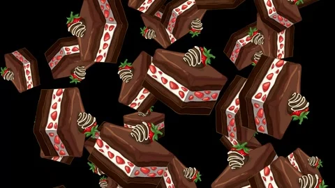Falling Chocolate Strawberry Cake Slices Animation on Black Background Stock Footage 345293941